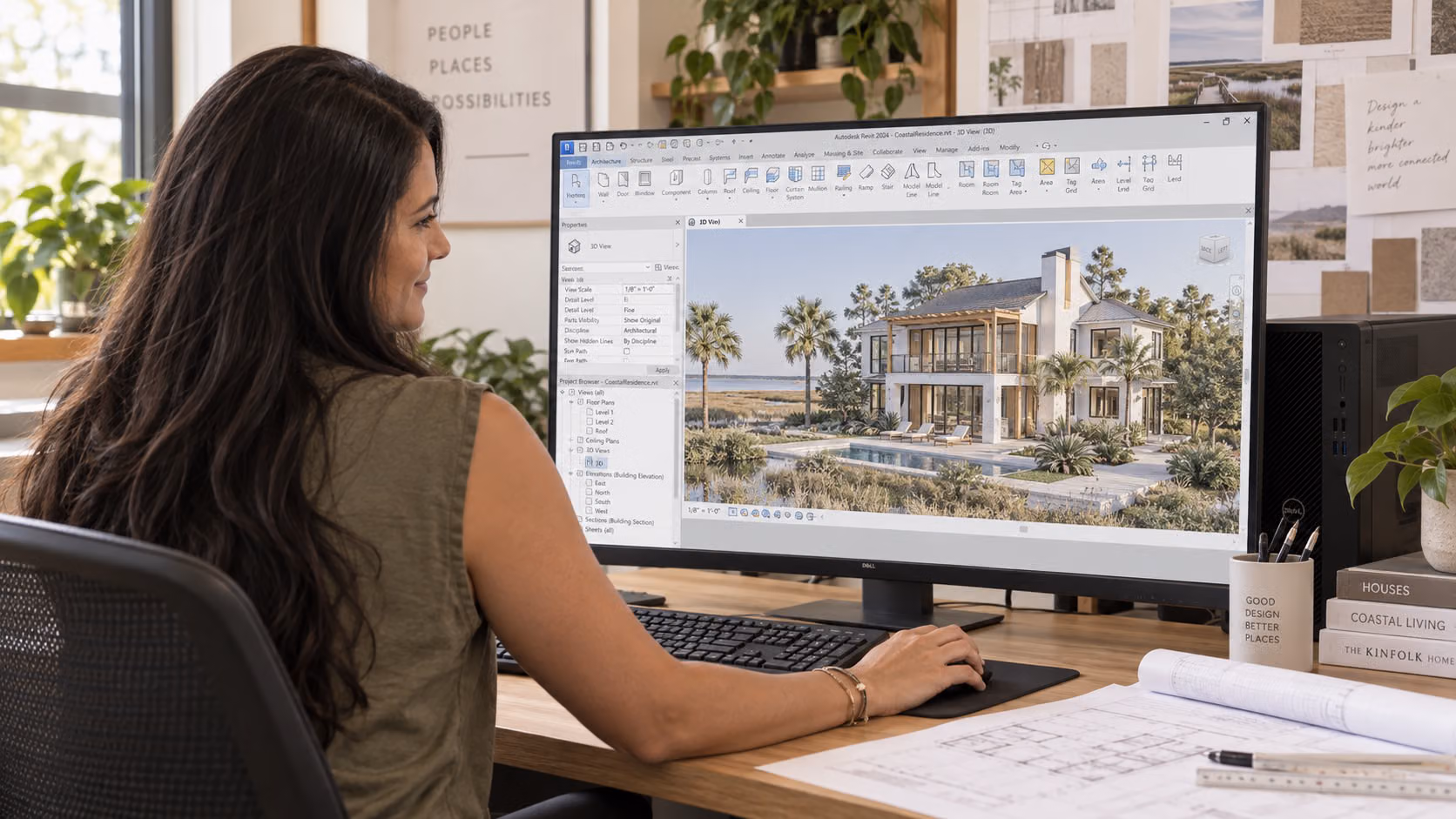 Studio illustration of Lizeth reviewing a residential design in Revit at her desk